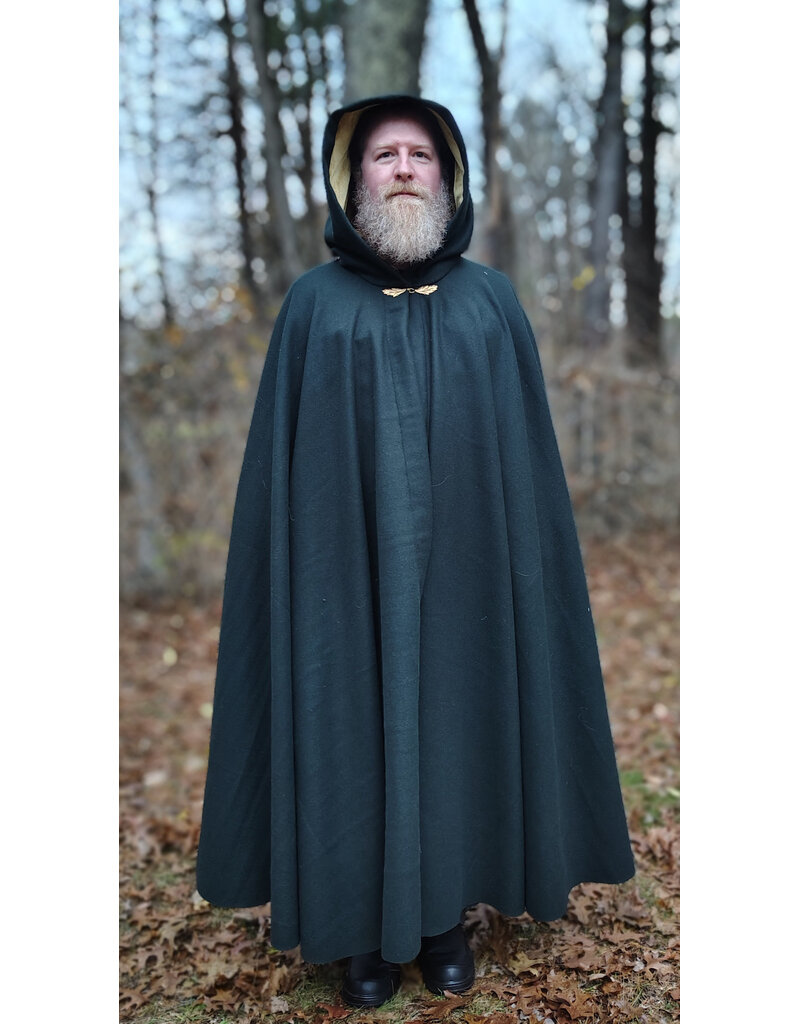 Cloakmakers.com 5878-Dark Green Wool Blend Cloak w/ Oak Leaf Clasp & Gold Velvet Hood Lining