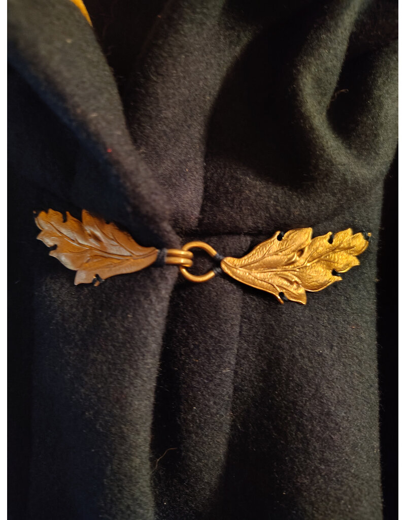 Cloakmakers.com 5878-Dark Green Wool Blend Cloak w/ Oak Leaf Clasp & Gold Velvet Hood Lining