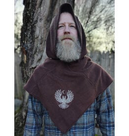 Cloakmakers.com H548-Washable Brown Fleece Hooded Cowl w/ Owl & Moon Embroidery & Liripipe