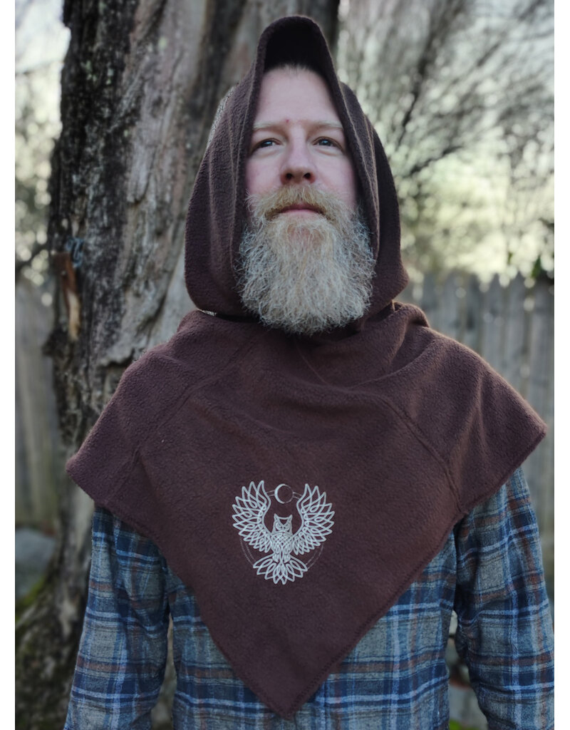 Cloakmakers.com H548-Washable Brown Fleece Hooded Cowl w/ Owl & Moon Embroidery & Liripipe