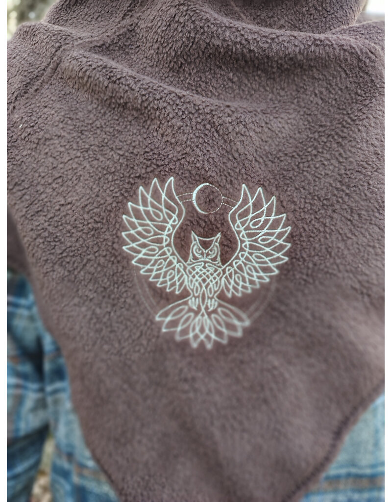 Cloakmakers.com H548-Washable Brown Fleece Hooded Cowl w/ Owl & Moon Embroidery & Liripipe