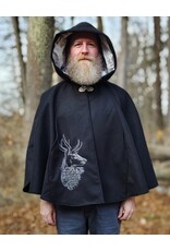 Cloakmakers.com 5874-Washable Black Faux Wool Cloak w/ Stag Embroidery & Silver Velvet Hood Lining