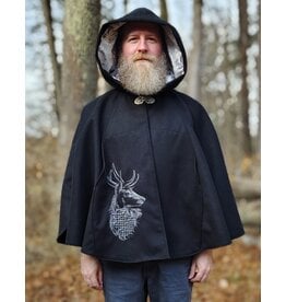 Cloakmakers.com 5874-Washable Black Faux Wool Cloak w/ Stag Embroidery & Silver Velvet Hood Lining