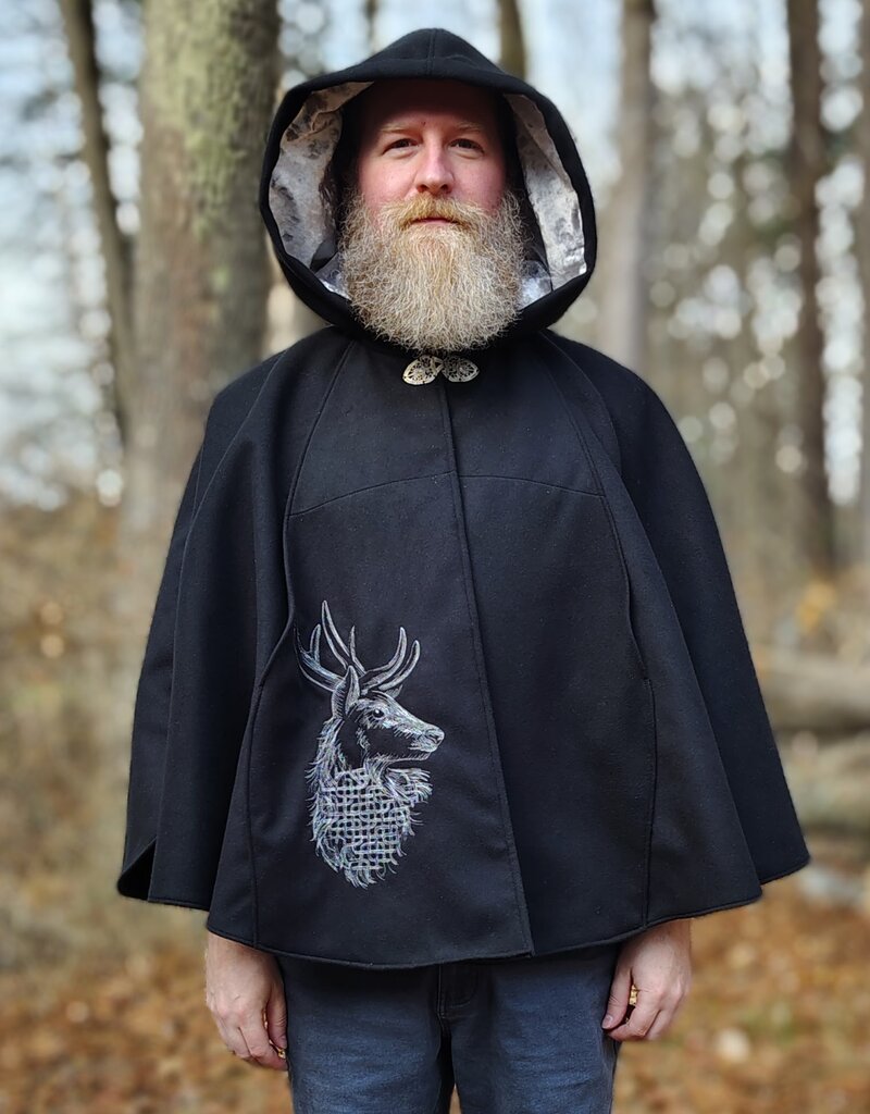 Cloakmakers.com 5874-Washable Black Faux Wool Cloak w/ Stag Embroidery & Silver Velvet Hood Lining