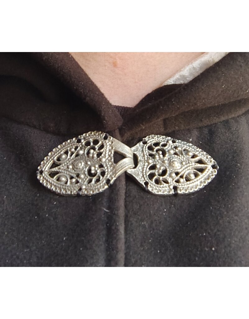 Cloakmakers.com 5874-Washable Black Faux Wool Cloak w/ Stag Embroidery & Silver Velvet Hood Lining