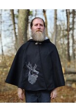 Cloakmakers.com 5874-Washable Black Faux Wool Cloak w/ Stag Embroidery & Silver Velvet Hood Lining