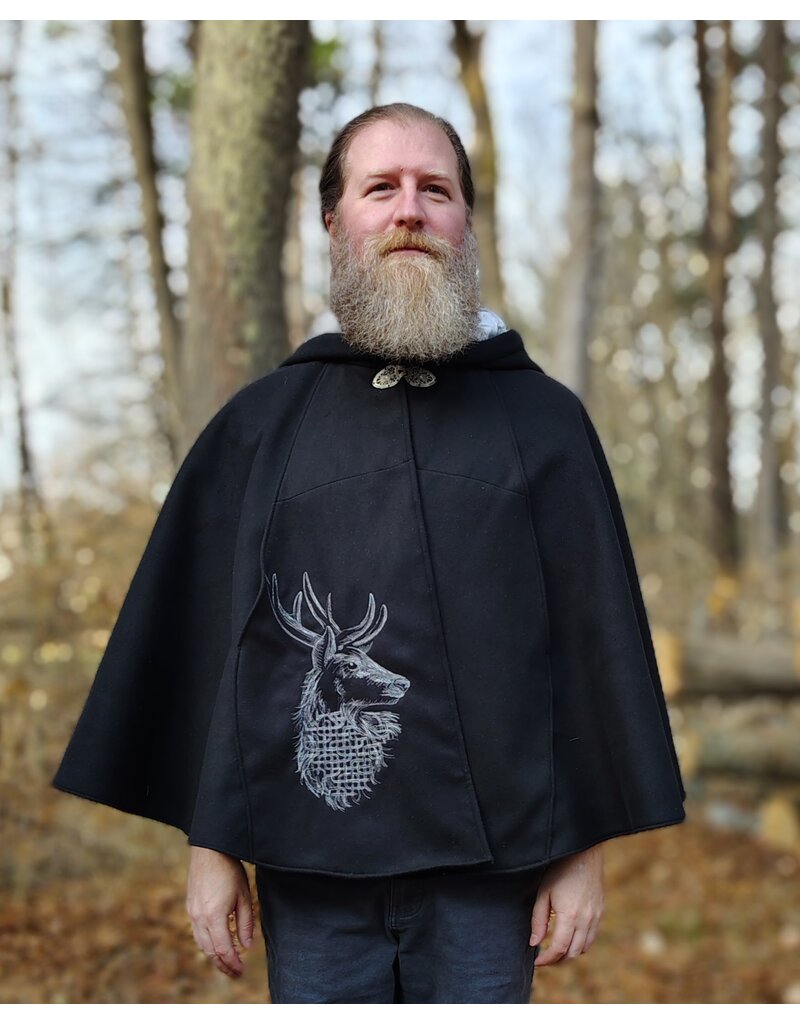 Cloakmakers.com 5874-Washable Black Faux Wool Cloak w/ Stag Embroidery & Silver Velvet Hood Lining