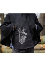 Cloakmakers.com 5874-Washable Black Faux Wool Cloak w/ Stag Embroidery & Silver Velvet Hood Lining