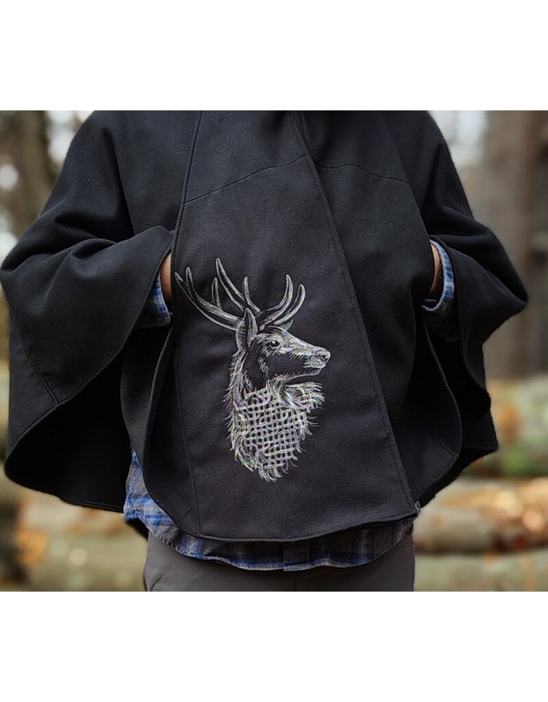 Cloakmakers.com 5874-Washable Black Faux Wool Cloak w/ Stag Embroidery & Silver Velvet Hood Lining