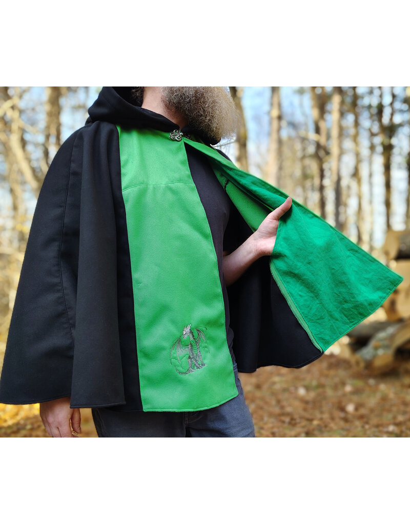 Cloakmakers.com 5885-Washable Black & Green Faux Wool Cloak w/ Dragon Embroidery & Pockets