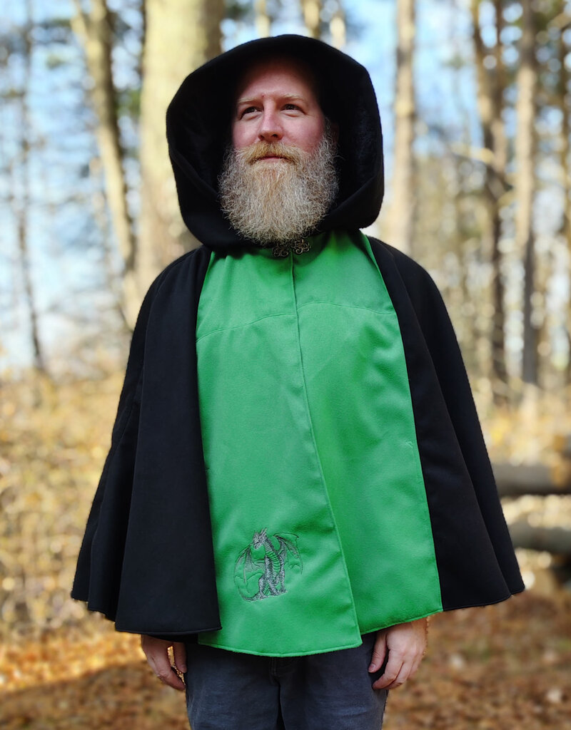 Cloakmakers.com 5885-Washable Black & Green Faux Wool Cloak w/ Dragon Embroidery & Pockets