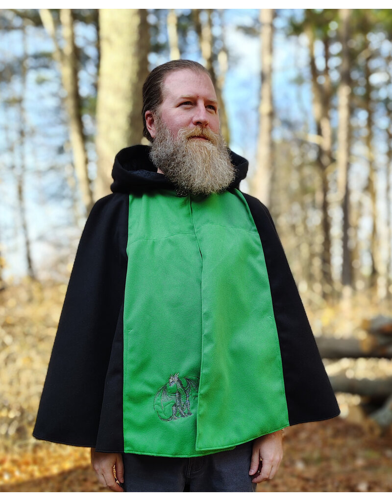 Cloakmakers.com 5885-Washable Black & Green Faux Wool Cloak w/ Dragon Embroidery & Pockets