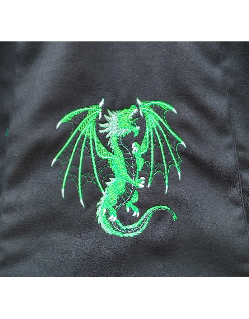 Cloakmakers.com 5885-Washable Black & Green Faux Wool Cloak w/ Dragon Embroidery & Pockets