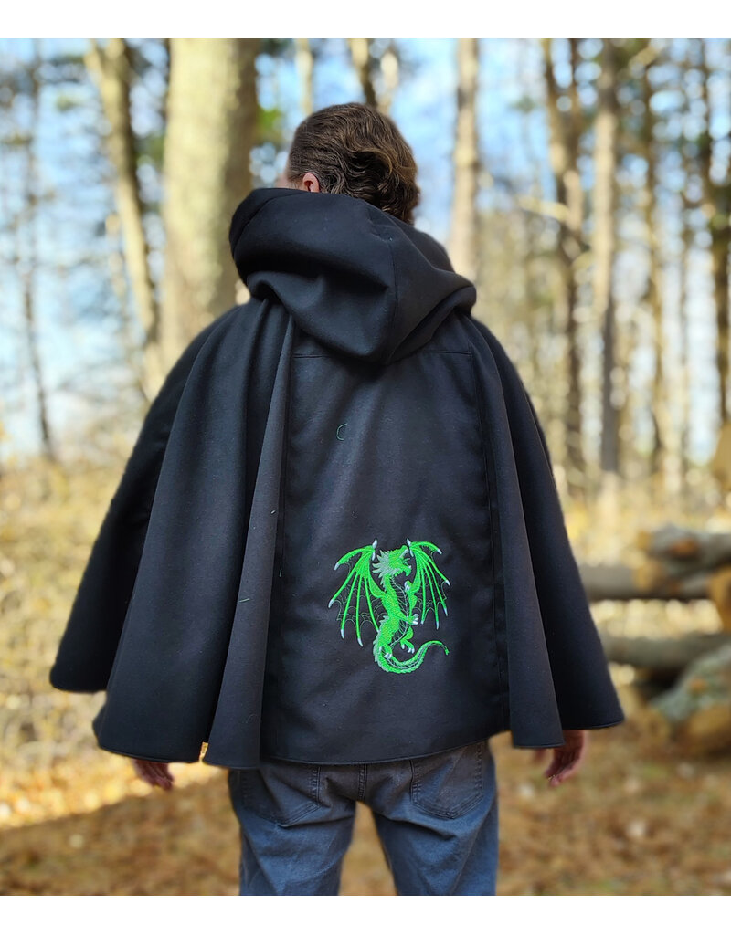 Cloakmakers.com 5885-Washable Black & Green Faux Wool Cloak w/ Dragon Embroidery & Pockets