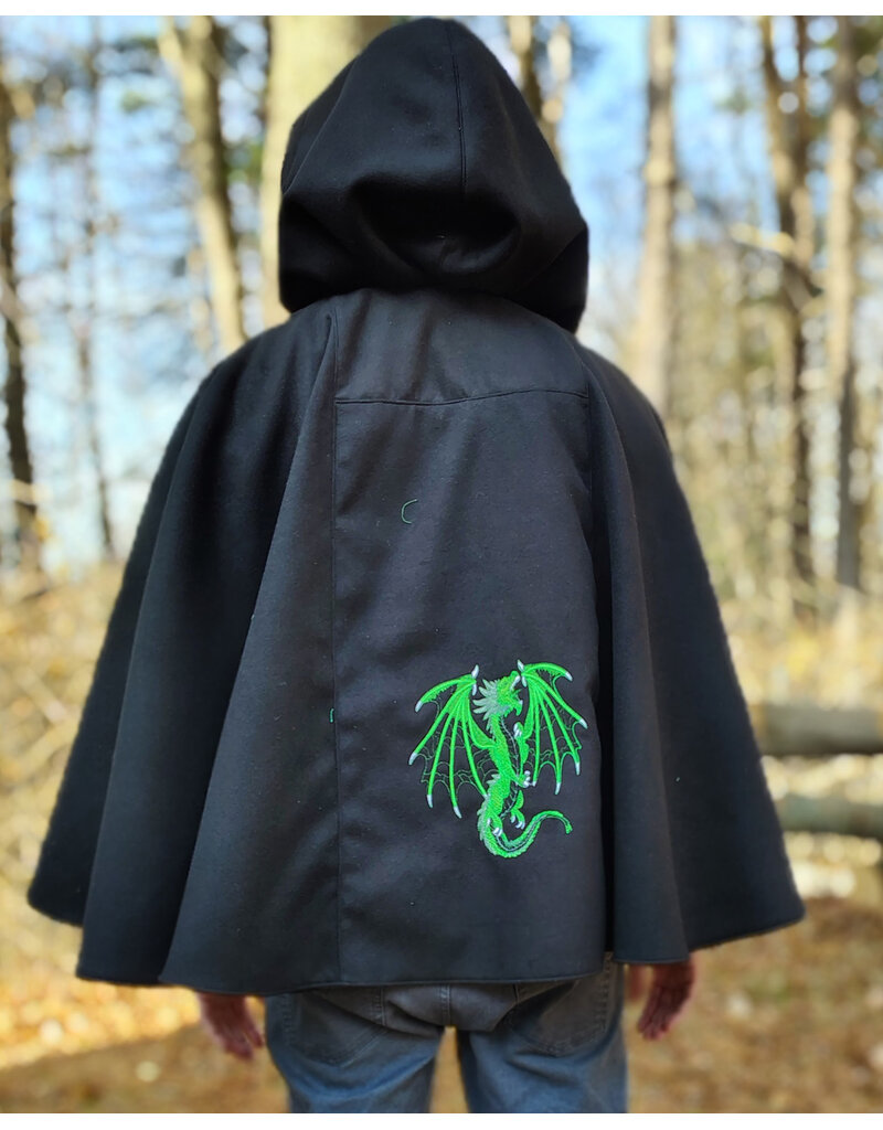 Cloakmakers.com 5885-Washable Black & Green Faux Wool Cloak w/ Dragon Embroidery & Pockets