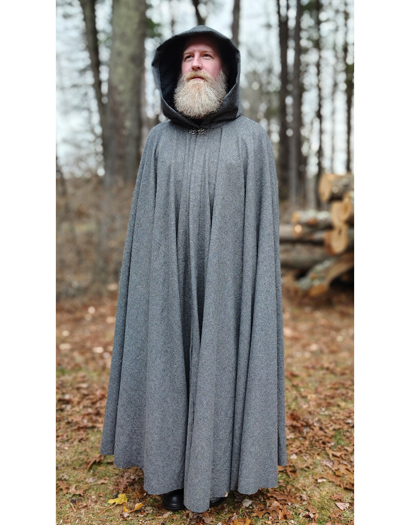 Cloakmakers.com 5886-Washable Black & White Houndstooth Wool Blend Cloak w/ Black Velvet Hood Lining & Silver Tone Clasp
