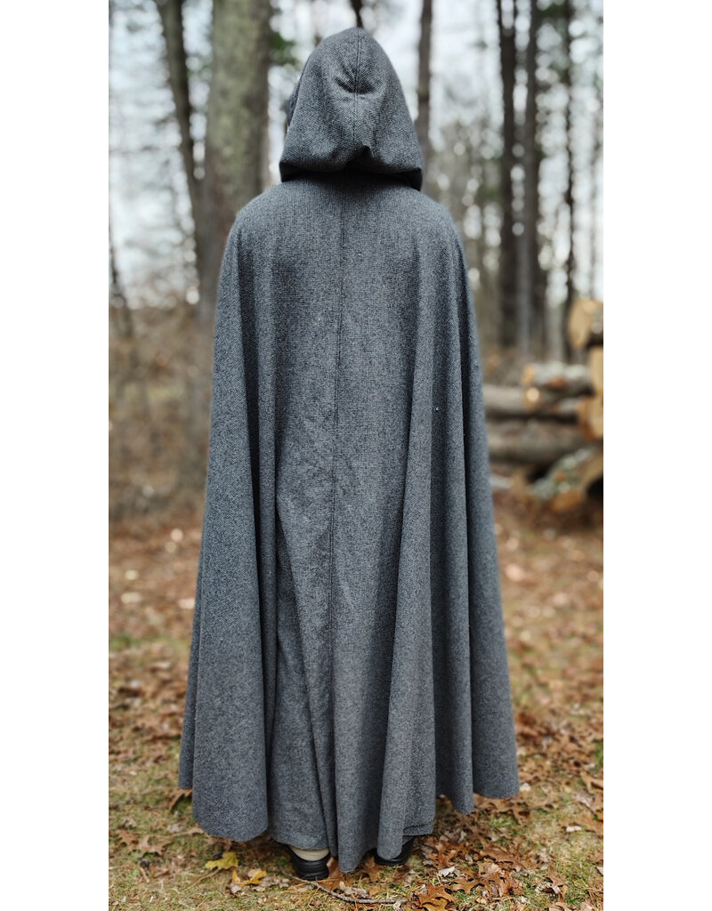 Cloakmakers.com 5886-Washable Black & White Houndstooth Wool Blend Cloak w/ Black Velvet Hood Lining & Silver Tone Clasp