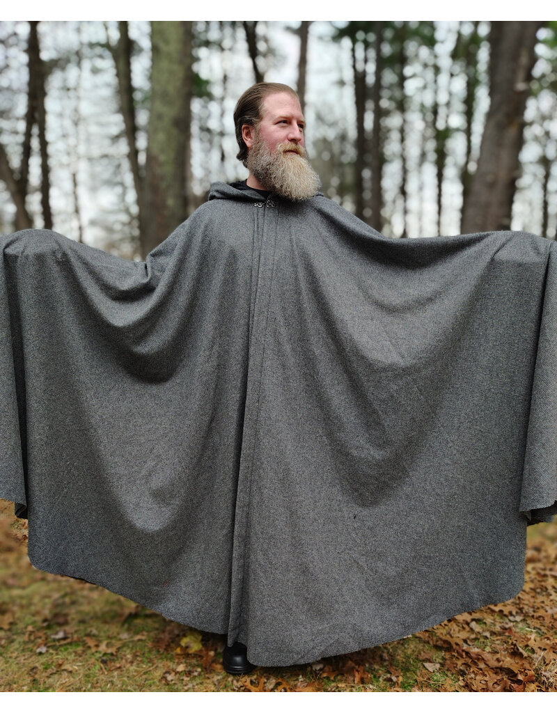 Cloakmakers.com 5886-Washable Black & White Wool Blend Cloak w/ Black Velvet Hood Lining & Silver Tone Clasp