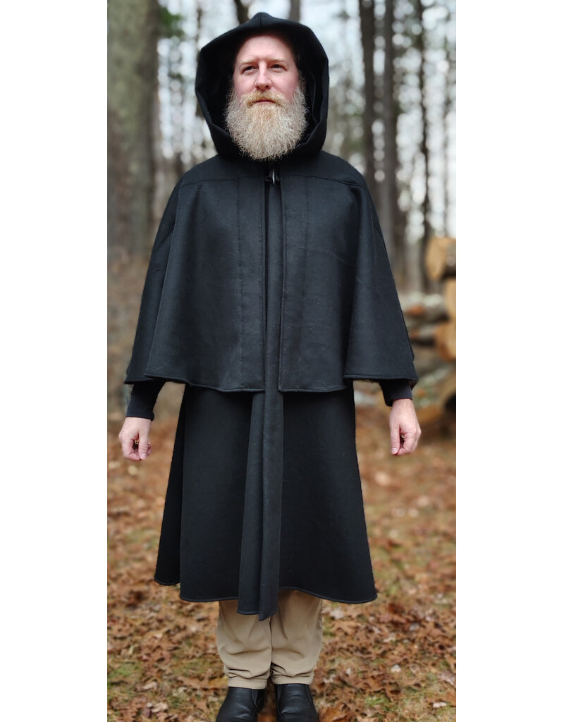 Cloakmakers.com 5887-Black Wool Blend Inverness Coat w/ Black Velvet Hood Lining
