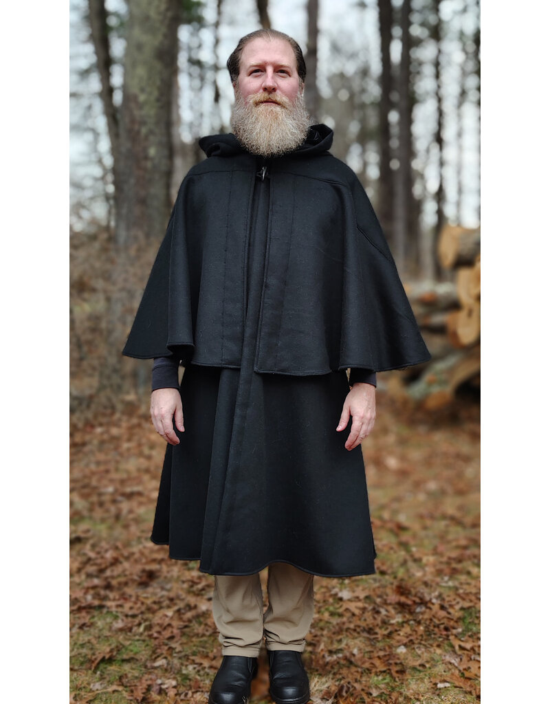 Cloakmakers.com 5887-Black Wool Blend Inverness Coat w/ Black Velvet Hood Lining