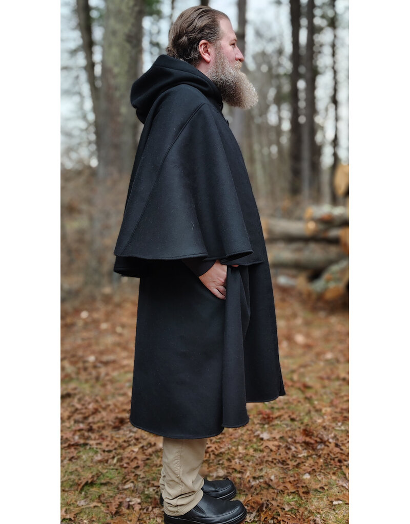 Cloakmakers.com 5887-Black Wool Blend Inverness Coat w/ Black Velvet Hood Lining