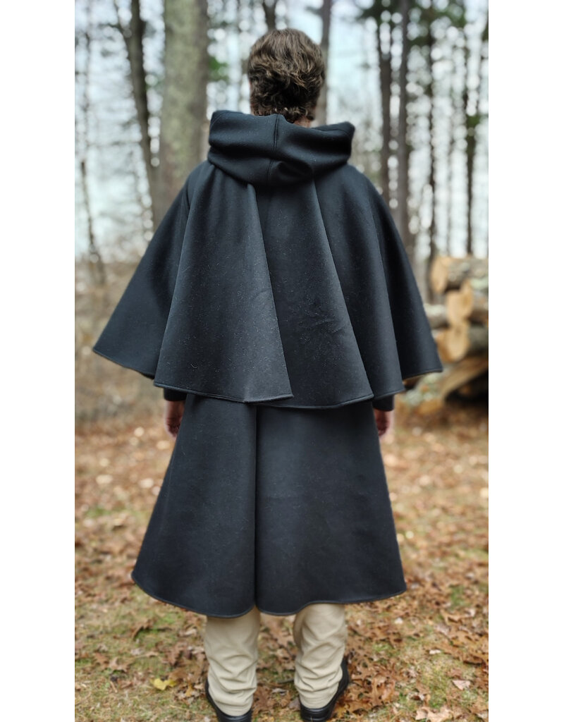 Cloakmakers.com 5887-Black Wool Blend Inverness Coat w/ Black Velvet Hood Lining