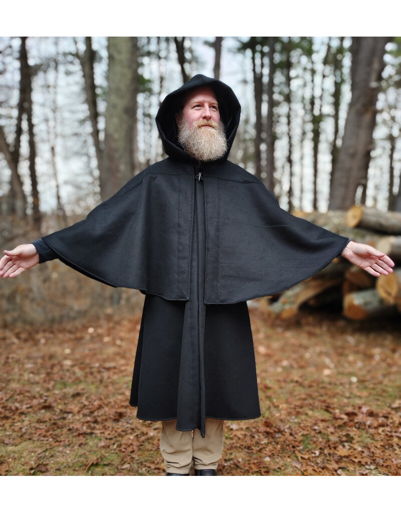 Cloakmakers.com 5887-Black Wool Blend Inverness Coat w/ Black Velvet Hood Lining