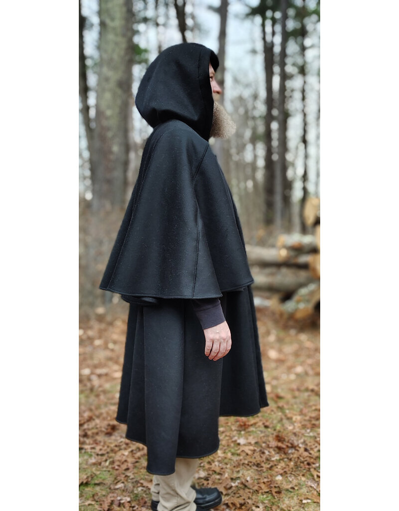 Cloakmakers.com 5887-Black Wool Blend Inverness Coat w/ Black Velvet Hood Lining