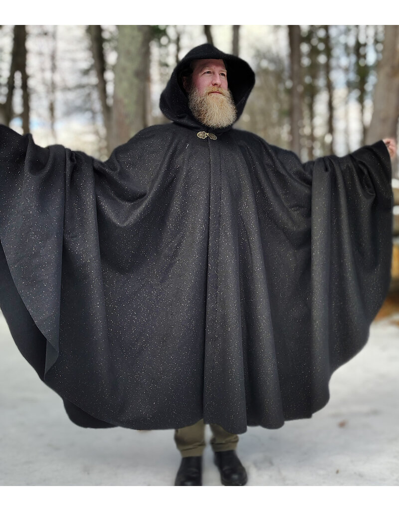 Cloakmakers.com 5889-Black Wool Blend Cloak w/Gold Flecks & Gothic Rose Clasp