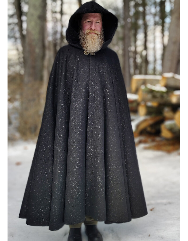 Cloakmakers.com 5889-Black Wool Blend Cloak w/Gold Flecks & Gothic Rose Clasp