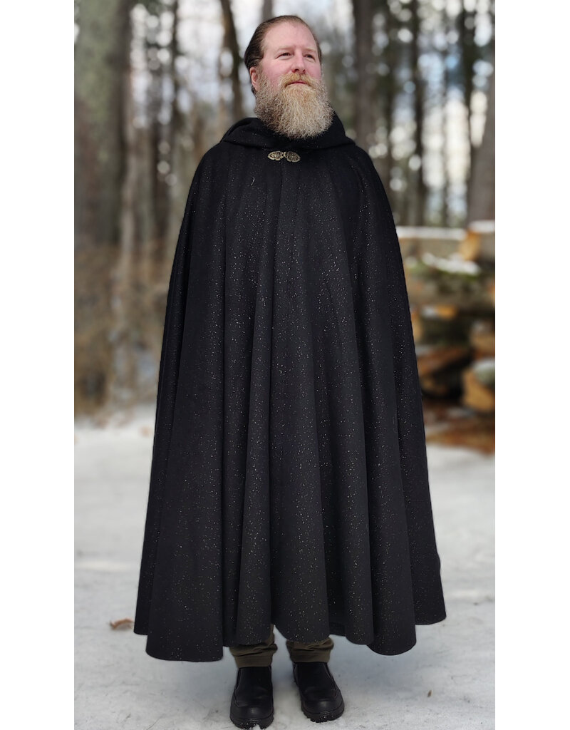 Cloakmakers.com 5889-Black Wool Blend Cloak w/ Flecks Of Gold & Gothic Rose Clasp