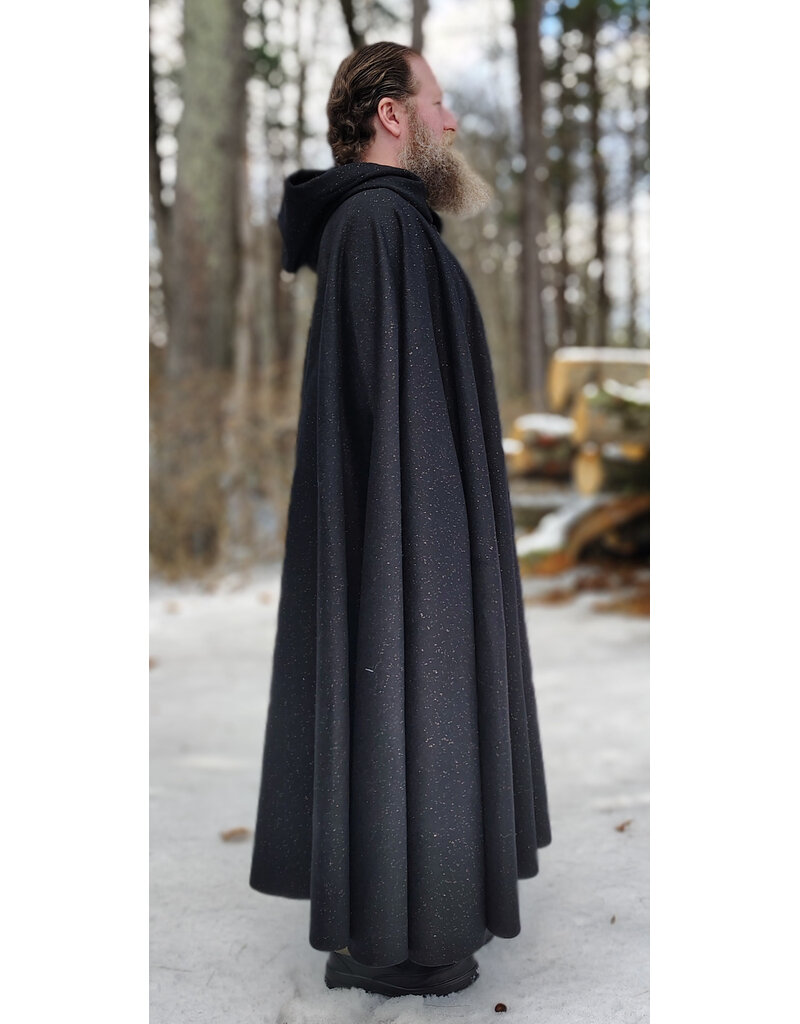 Cloakmakers.com 5889-Black Wool Blend Cloak w/ Flecks Of Gold & Gothic Rose Clasp