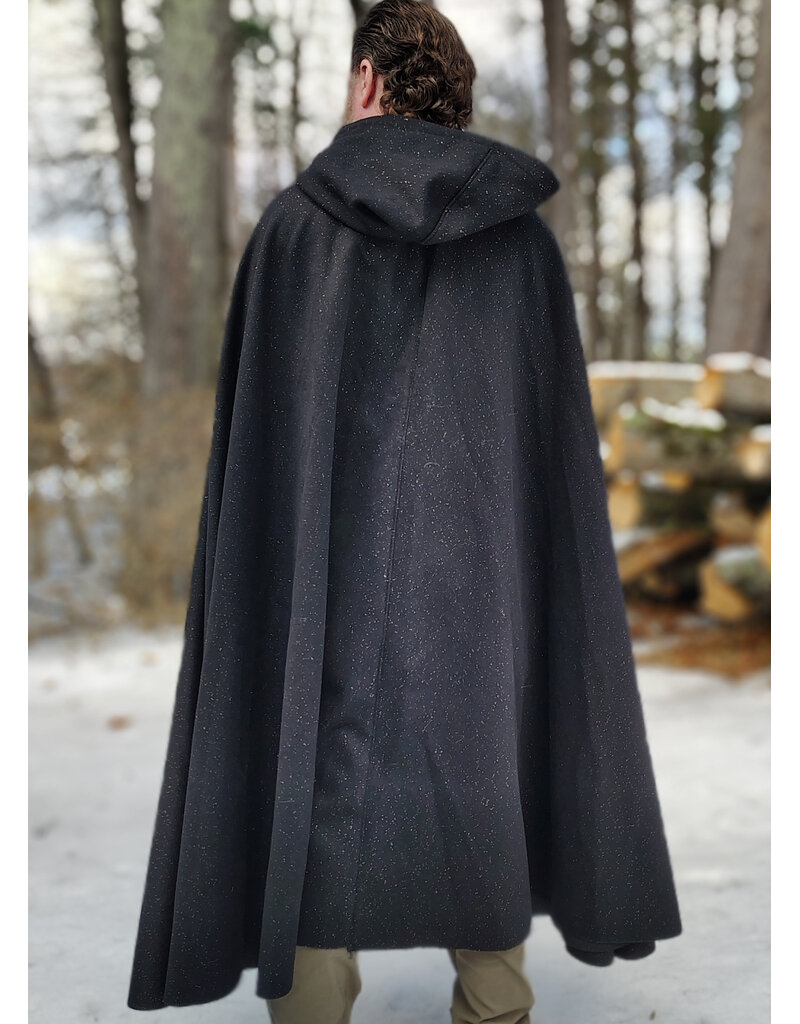Cloakmakers.com 5889-Black Wool Blend Cloak w/Gold Flecks & Gothic Rose Clasp