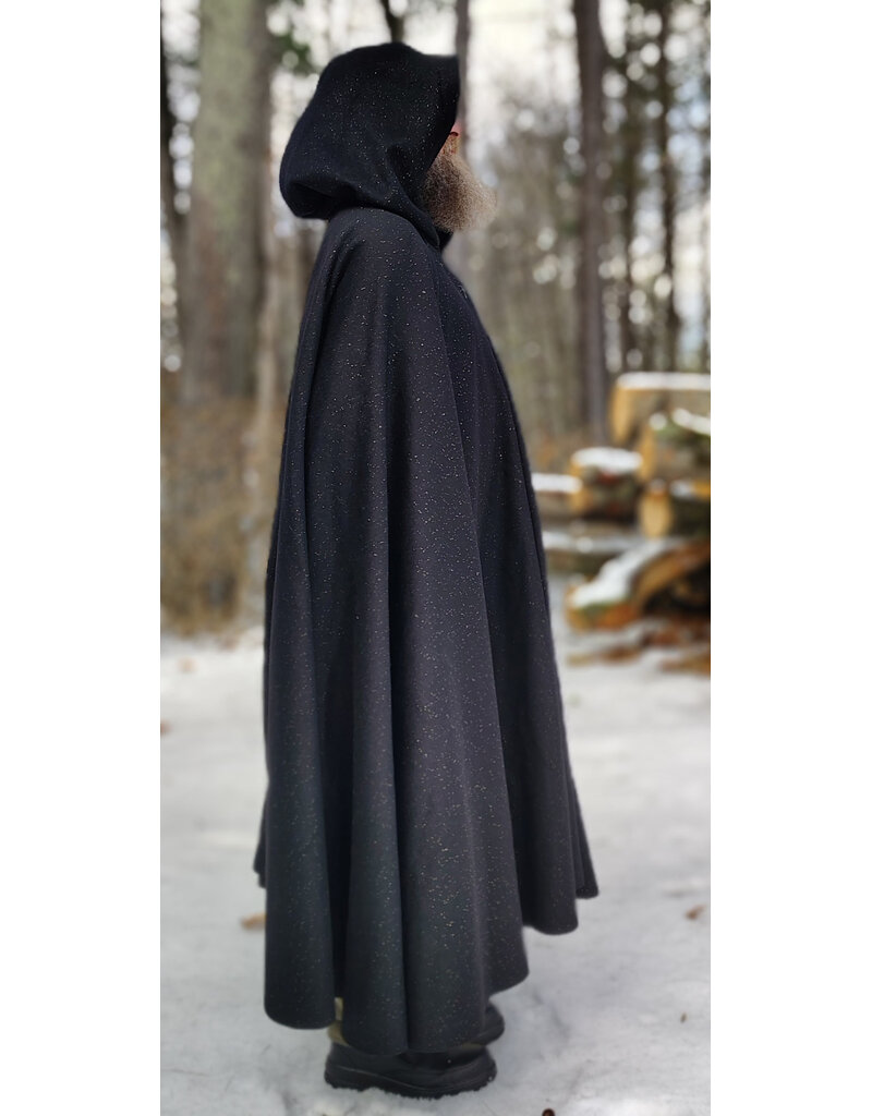 Cloakmakers.com 5889-Black Wool Blend Cloak w/ Flecks Of Gold & Gothic Rose Clasp
