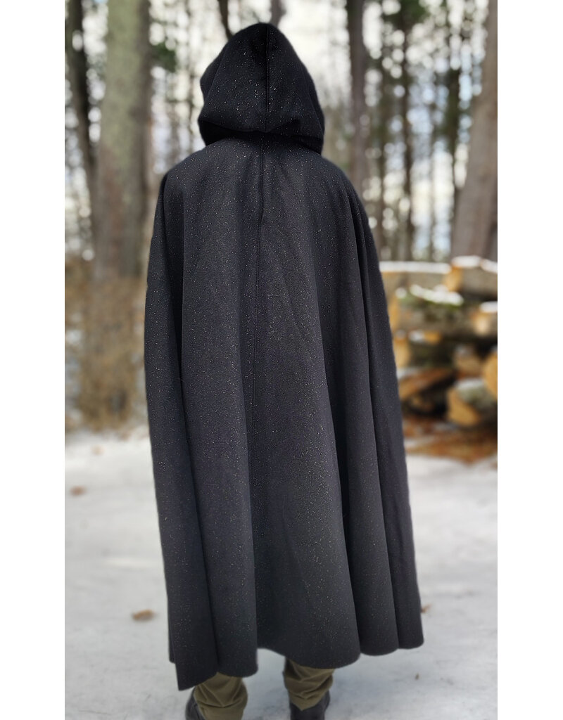 Cloakmakers.com 5889-Black Wool Blend Cloak w/Gold Flecks & Gothic Rose Clasp