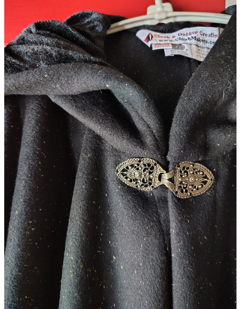 Cloakmakers.com 5889-Black Wool Blend Cloak w/ Flecks Of Gold & Gothic Rose Clasp
