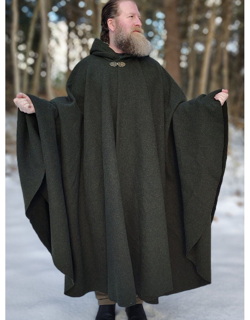 Cloakmakers.com 5890-Washable Green Wool Blend Ranger Cloak w/ Brown Hood Lining & Gothic Rose Clasp