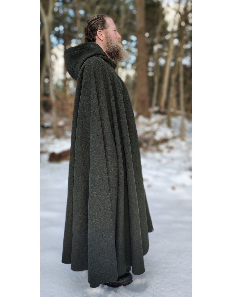 Cloakmakers.com 5890-Washable Green Wool Blend Ranger Cloak w/ Brown Hood Lining & Gothic Rose Clasp