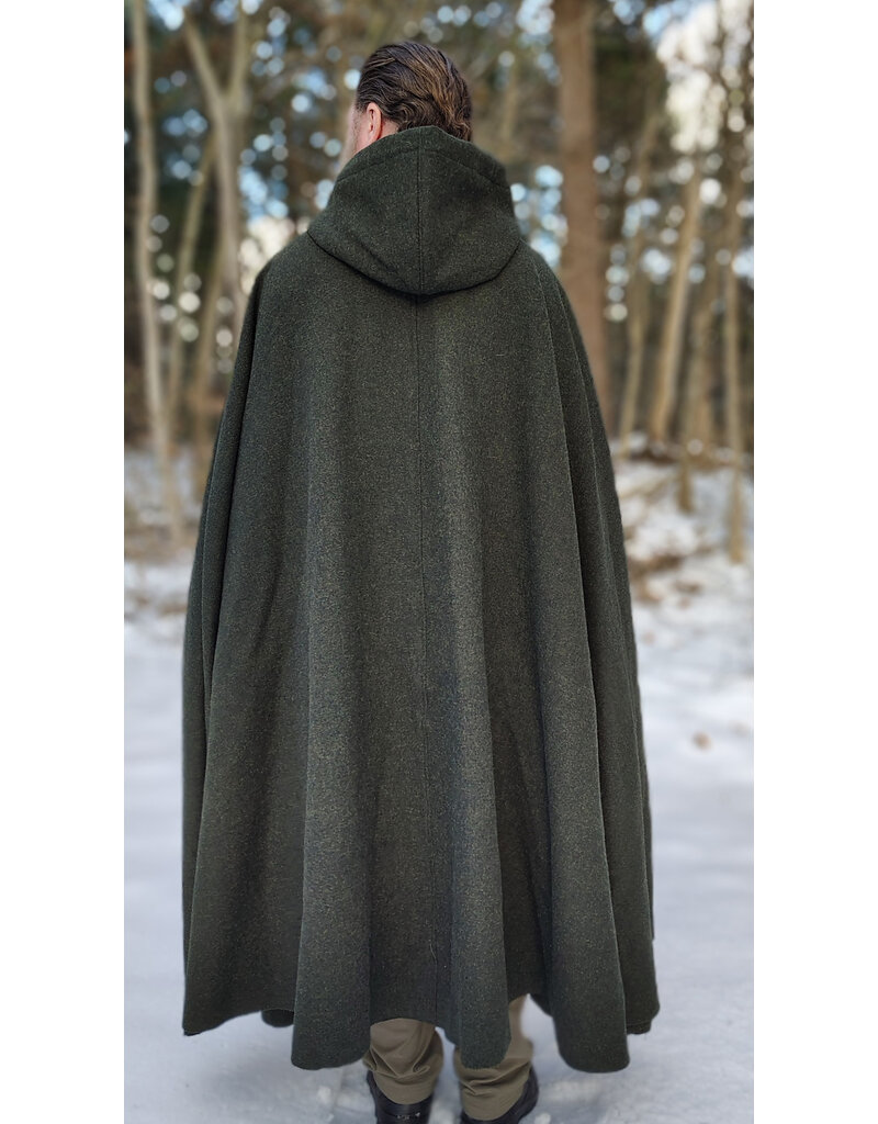 Cloakmakers.com 5890-Washable Green Wool Blend Ranger Cloak w/ Brown Hood Lining & Gothic Rose Clasp