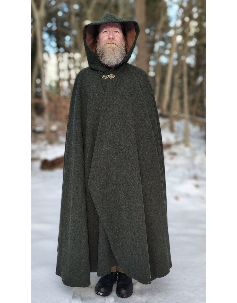 Cloakmakers.com 5890-Washable Green Wool Blend Ranger Cloak w/ Brown Hood Lining & Gothic Rose Clasp