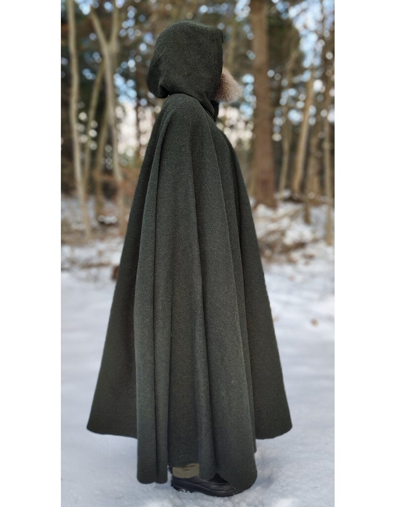 Cloakmakers.com 5890-Washable Green Wool Blend Ranger Cloak w/ Brown Hood Lining & Gothic Rose Clasp