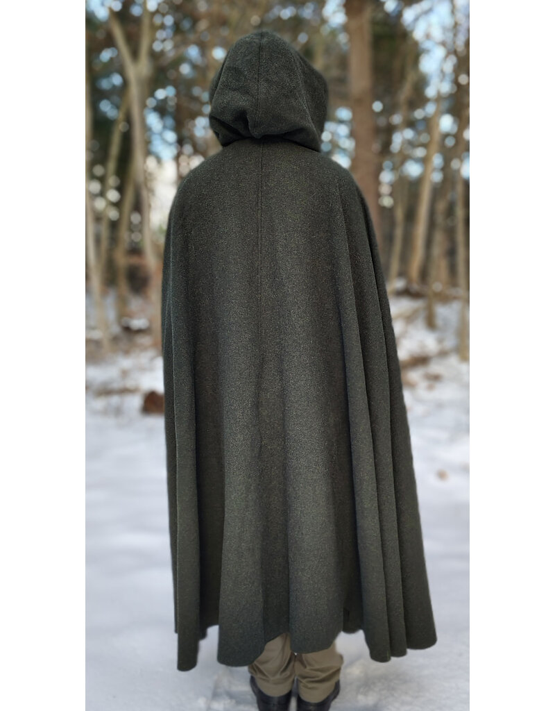 Cloakmakers.com 5890-Washable Green Wool Blend Ranger Cloak w/ Brown Hood Lining & Gothic Rose Clasp
