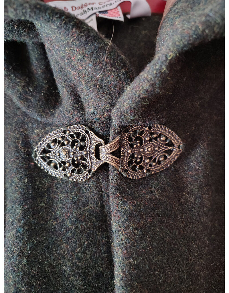 Cloakmakers.com 5890-Washable Green Wool Blend Ranger Cloak w/ Brown Hood Lining & Gothic Rose Clasp