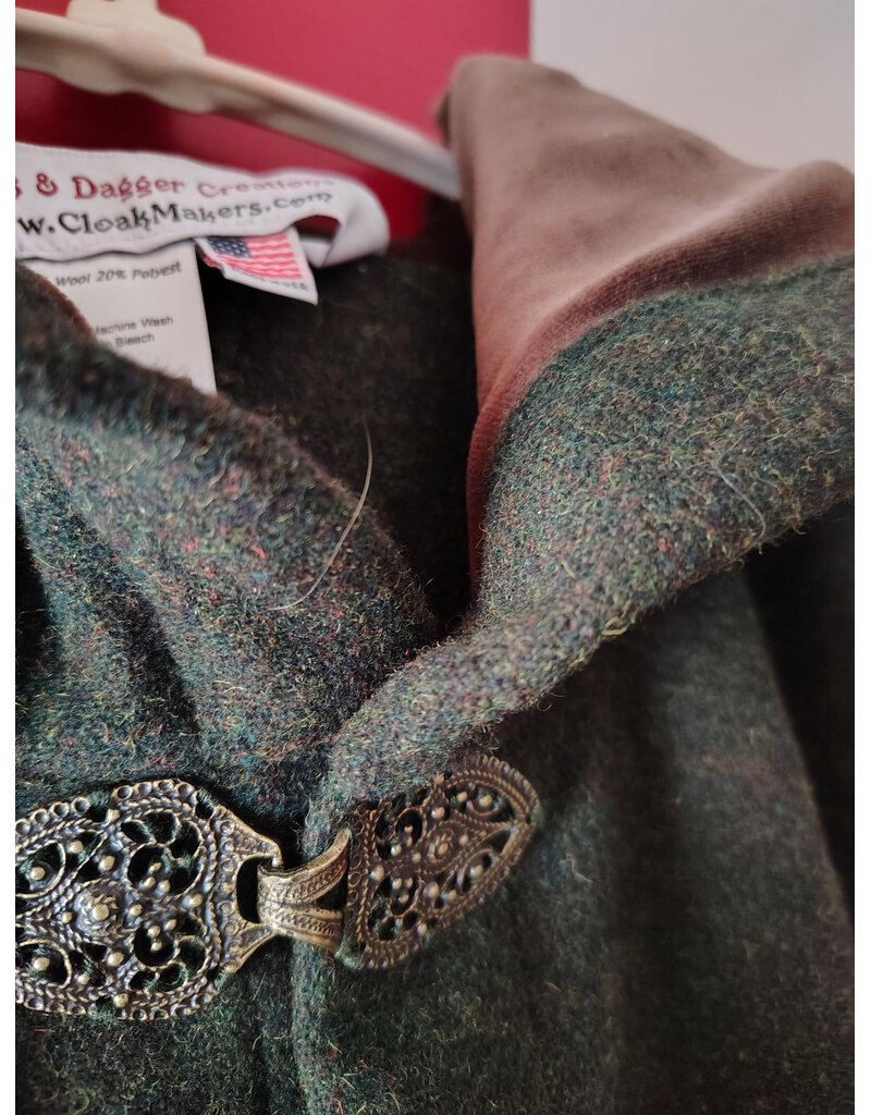 Cloakmakers.com 5890-Washable Green Wool Blend Ranger Cloak w/ Brown Hood Lining & Gothic Rose Clasp