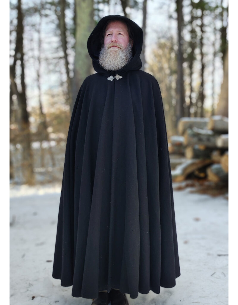 Cloakmakers.com 5892-Washable Black Wool Cloak w/ Black Velvet Hood Lining & Triple Medallion Clasp