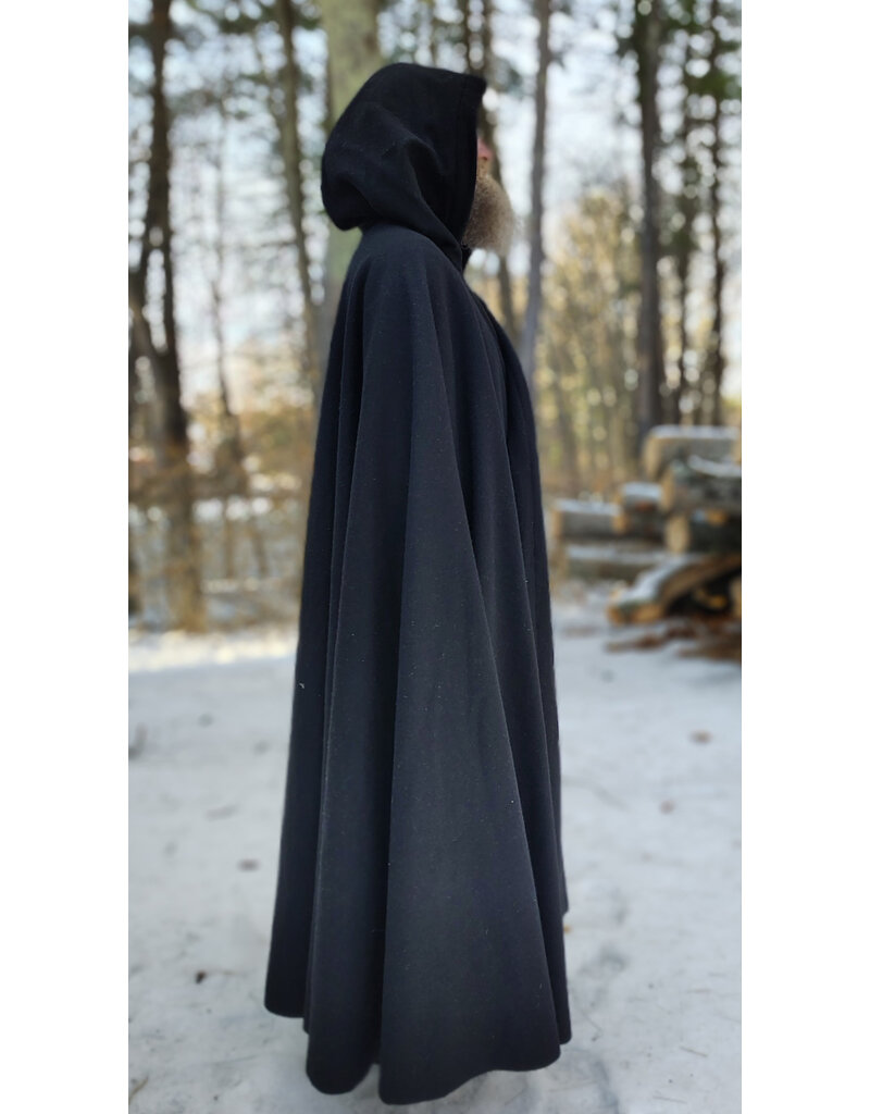 Cloakmakers.com 5892-Washable Black Wool Cloak w/ Black Velvet Hood Lining & Triple Medallion Clasp