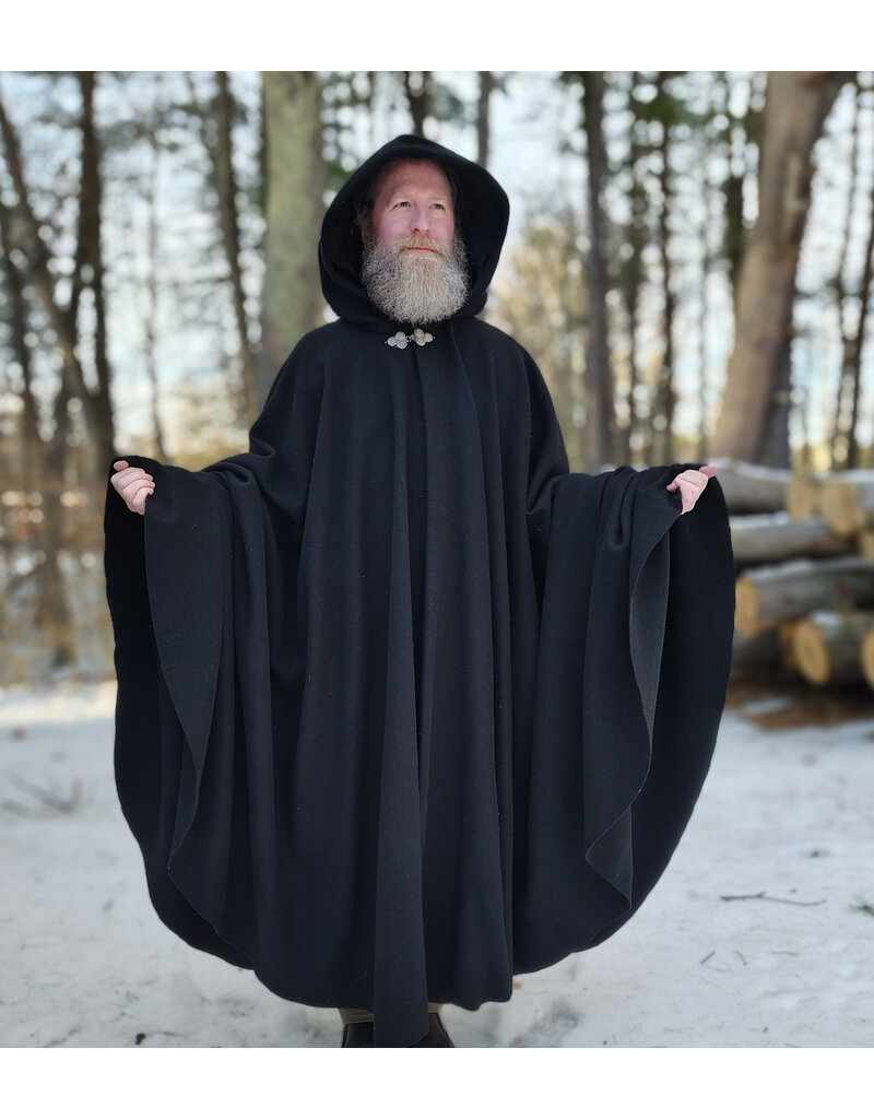 Cloakmakers.com 5892-Washable Black Wool Cloak w/ Black Velvet Hood Lining & Triple Medallion Clasp