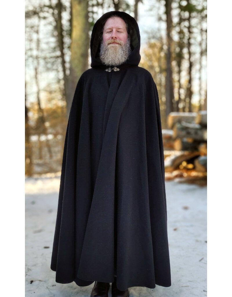 Cloakmakers.com 5893-Washable Black Wool Cloak w/ Olive Velvet Hood Lining & Triple Medallion Clasp