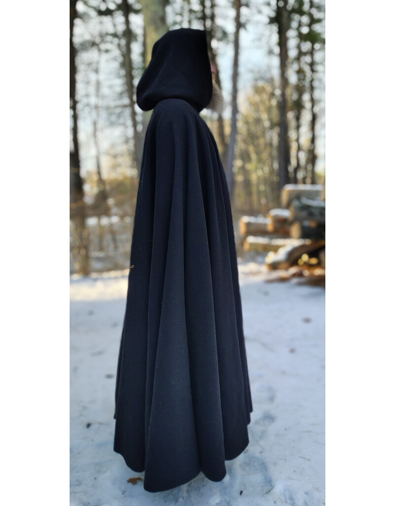 Cloakmakers.com 5893-Washable Black Wool Cloak w/ Olive Velvet Hood Lining & Triple Medallion Clasp