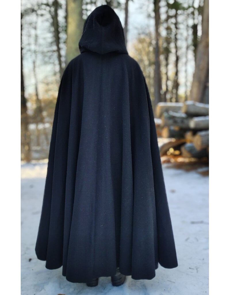 Cloakmakers.com 5893-Washable Black Wool Cloak w/ Olive Velvet Hood Lining & Triple Medallion Clasp
